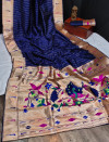 Navy blue color paithani silk saree with zari weaving contrast work