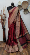 Maroon color raw silk weaving saree with temple woven border