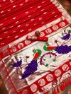Red color paithani silk saree with silver zari weaving work