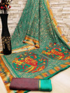 Rama green color soft cotton kalamkari print saree with mirror work