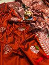Orange color lichi silk saree with minakari & silver weaving work