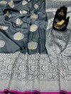 Gray color banarasi silk saree with jacquard weaving rich pallu