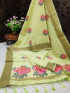 Pista green color pure linen weaving saree with zari woven border & pallu