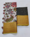 Multi color digital printed linen saree with jacquard border