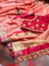 Peach color banarasi soft cotton silk saree with golden border