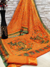 Orange color soft cotton kalamkari print saree with mirror work
