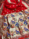 Red color paithani silk saree with contrast minakari work