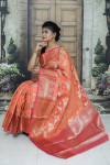 Peach color kanchipuram handloom weaving silk saree with zari woven work