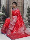 Red color lichi silk saree with silver zari work
