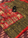 Red color linen digital & kalamkari print saree with fancy pallu