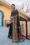 Black color pure tussar silk saree with woven design