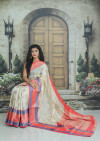 Cream color kanchipuram handloom weaving silk saree with zari work