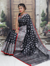 Black color lichi silk saree with silver zari work