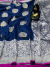 Navy blue color banarasi silk saree with jacquard weaving rich pallu
