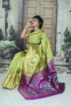 Green color soft paithani silk saree with weaving rich pallu