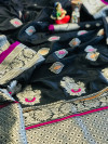 Black color soft banarasi silk saree with silver zari weaving work