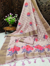 Purple color pure linen weaving saree with zari woven border & pallu
