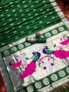 Green color paithani silk saree with silver zari weaving work