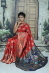 Red color soft paithani silk saree with weaving rich pallu