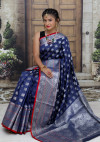 Navy blue color lichi silk saree with silver zari work