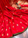 Red color banarasi silk saree with zari and minakari work