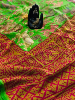 Parrot green color linen digital & kalamkari print saree with fancy pallu