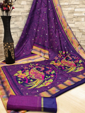 Purple color soft cotton kalamkari print saree with mirror work