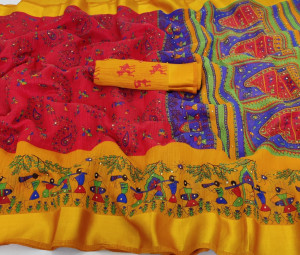 Red color  silk saree with kalamkari print