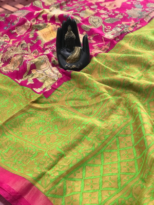 Pink color linen digital & kalamkari print saree with fancy pallu