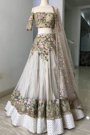 Off white color net lehenga with embroidery work