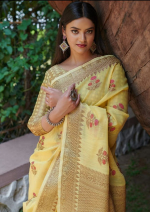 Yellow color linen cotton saree with zari weaving border