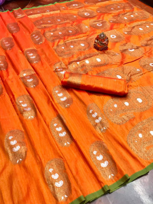 Orange color soft banarasi silk saree with meenakari design & golden zari weaving work