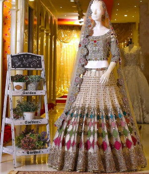 Multi color mono net lehenga with embroidery and sequence work