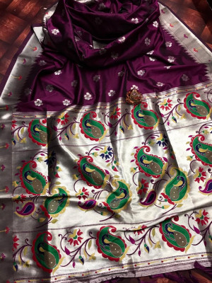 Magenta color paithani silk saree with contrast minakari work