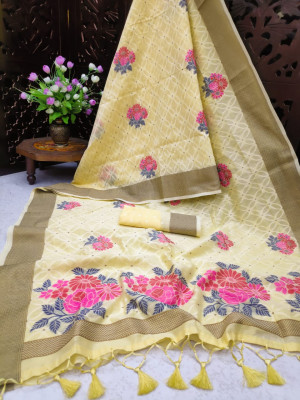 Yellow color pure linen weaving saree with zari woven border & pallu