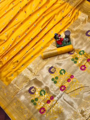 Yellow color soft banarasi silk saree golden zari work