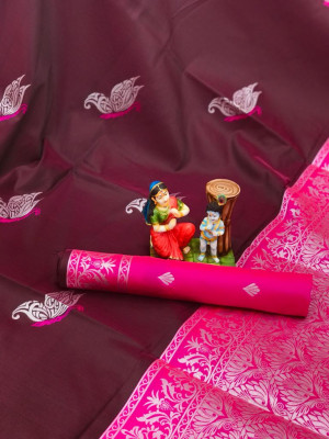 Magenta color lichi silk two tone saree with meenakari & silver zari weaving work