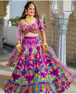 Multi color mulberry silk lehenga with heavy sequence embroidery work