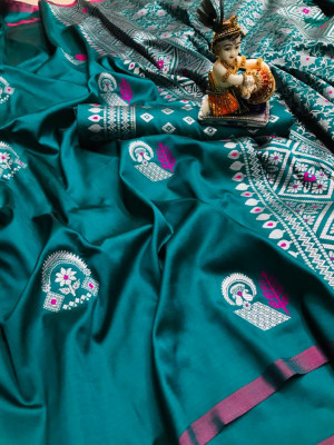 Rama green color lichi silk saree with minakari & silver weaving work