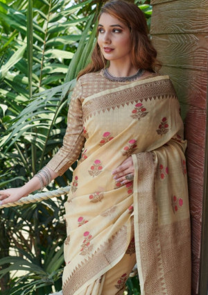 Cream color linen cotton saree with zari weaving border