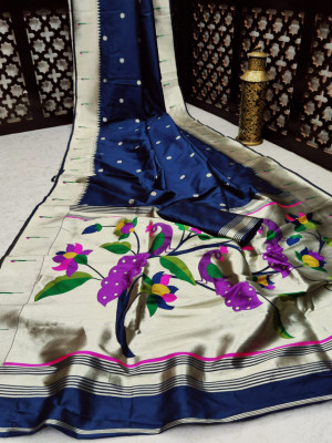 Navy blue color banarasi soft silk paithani saree with zari border