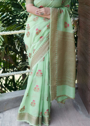 Green color linen cotton saree with zari weaving border
