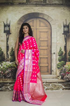 Pink color Kanjivaram Soft Silk Zari work saree
