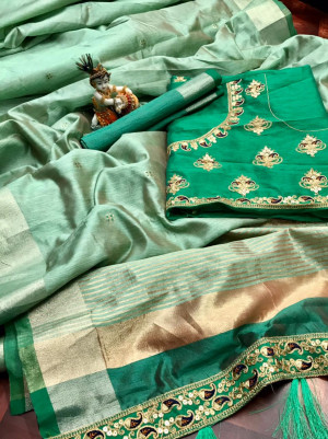 Sea green color banarasi soft cotton silk saree with golden border