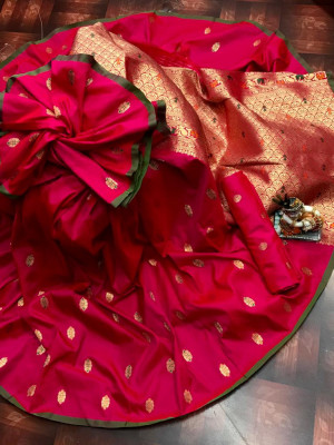Pink color banarasi silk saree with zari and minakari work