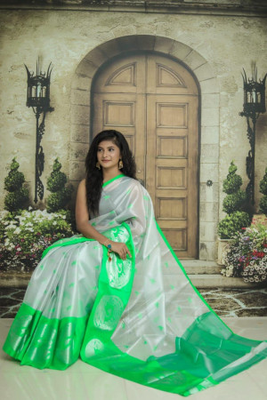 Green and silver color tissue silk saree with zari weaving work