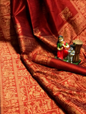 Red color pure bhagalpuri silk saree with attractive thread work