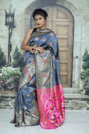 Gray color soft paithani silk saree with weaving rich pallu