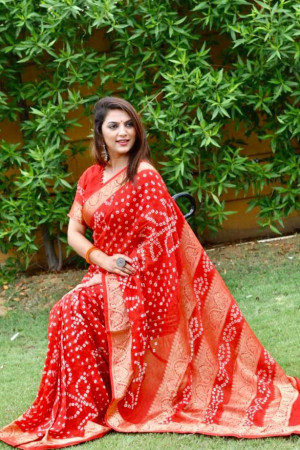 Red color pure bandhej silk saree with zari weaving border