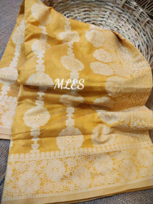 Yellow color cotton silk saree with chikankari weaving work